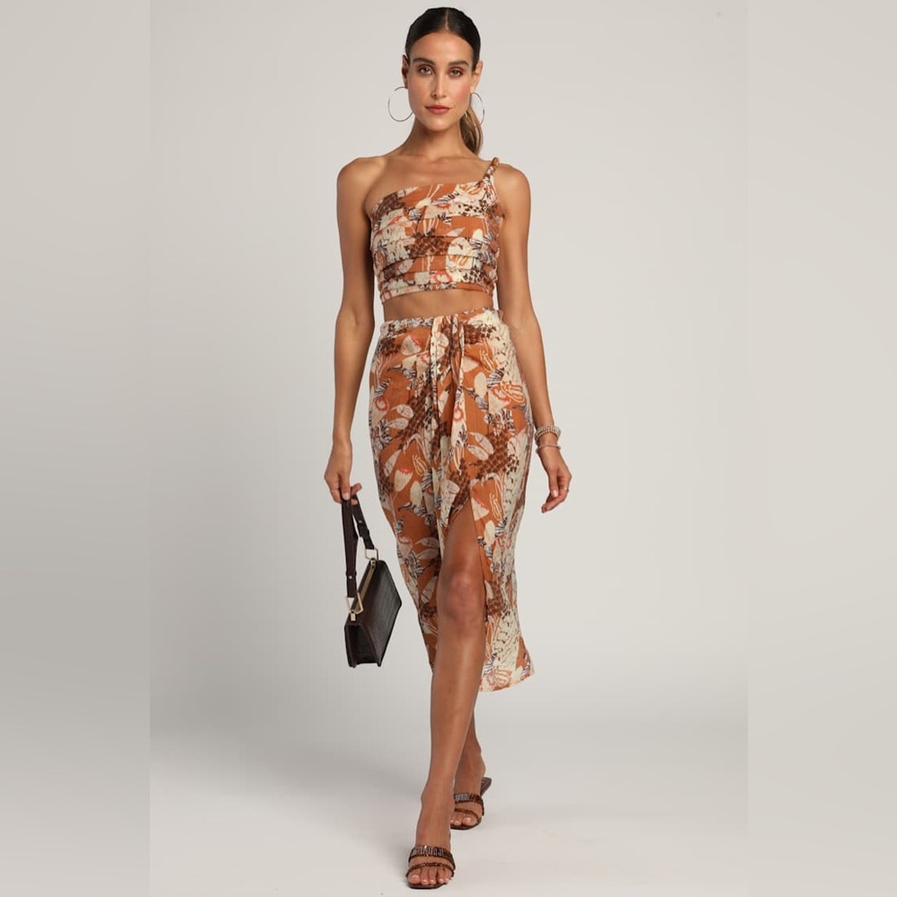 *NWT* Lulus Something Wild Brown Multi Print Twist-Front Midi Skirt, Size Small - Picture 2 of 13